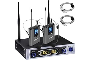 Wireless UHF Microphone System with Lapel and Headset Mics for Effortless Presentations in Large Spaces