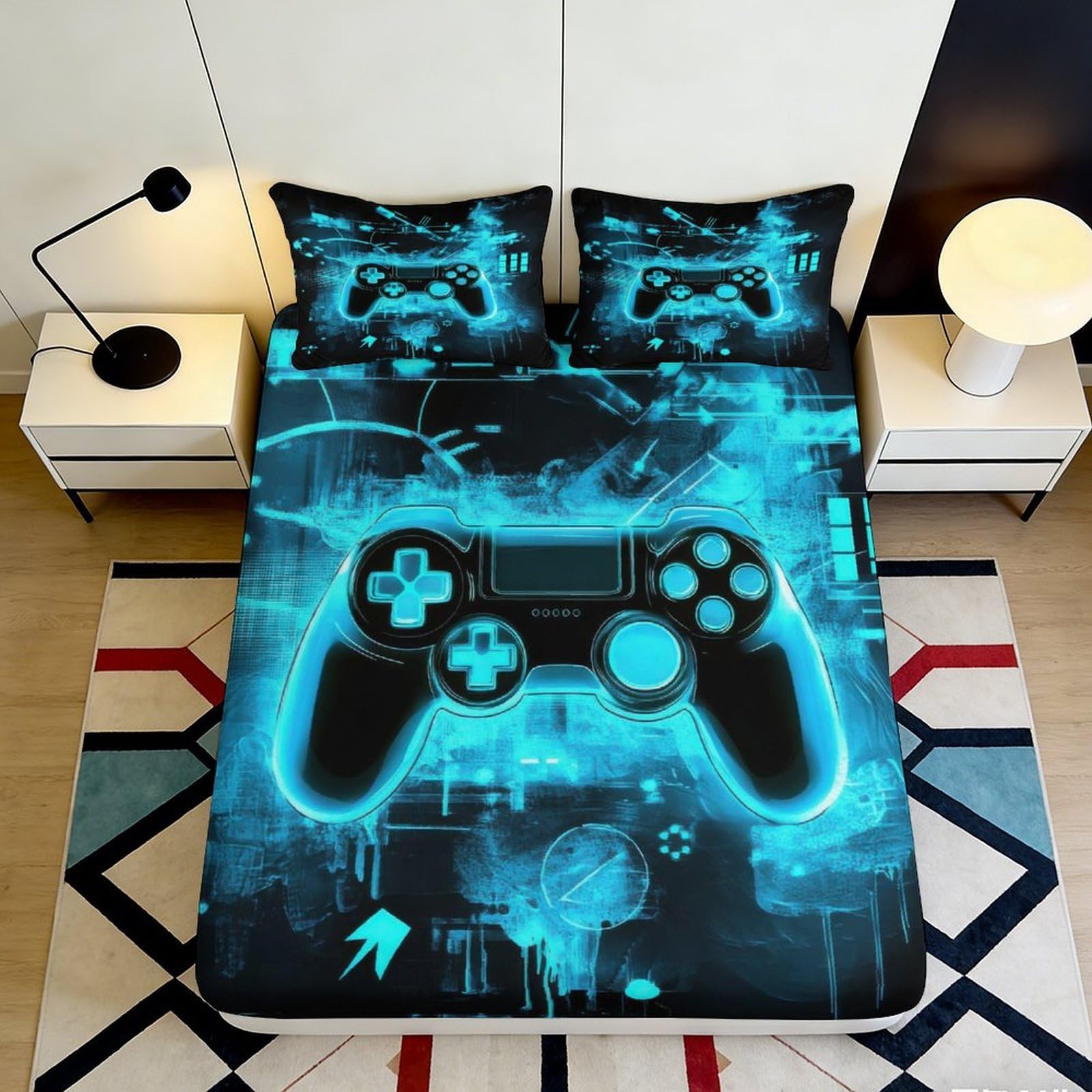3D Printed Neon Blue Game Controller Fitted Sheet Microfiber Soft Breathable Digital Art Mattress Cover for Bedroom Dorm Dormitory Guest Room Protection 180x200x25cm