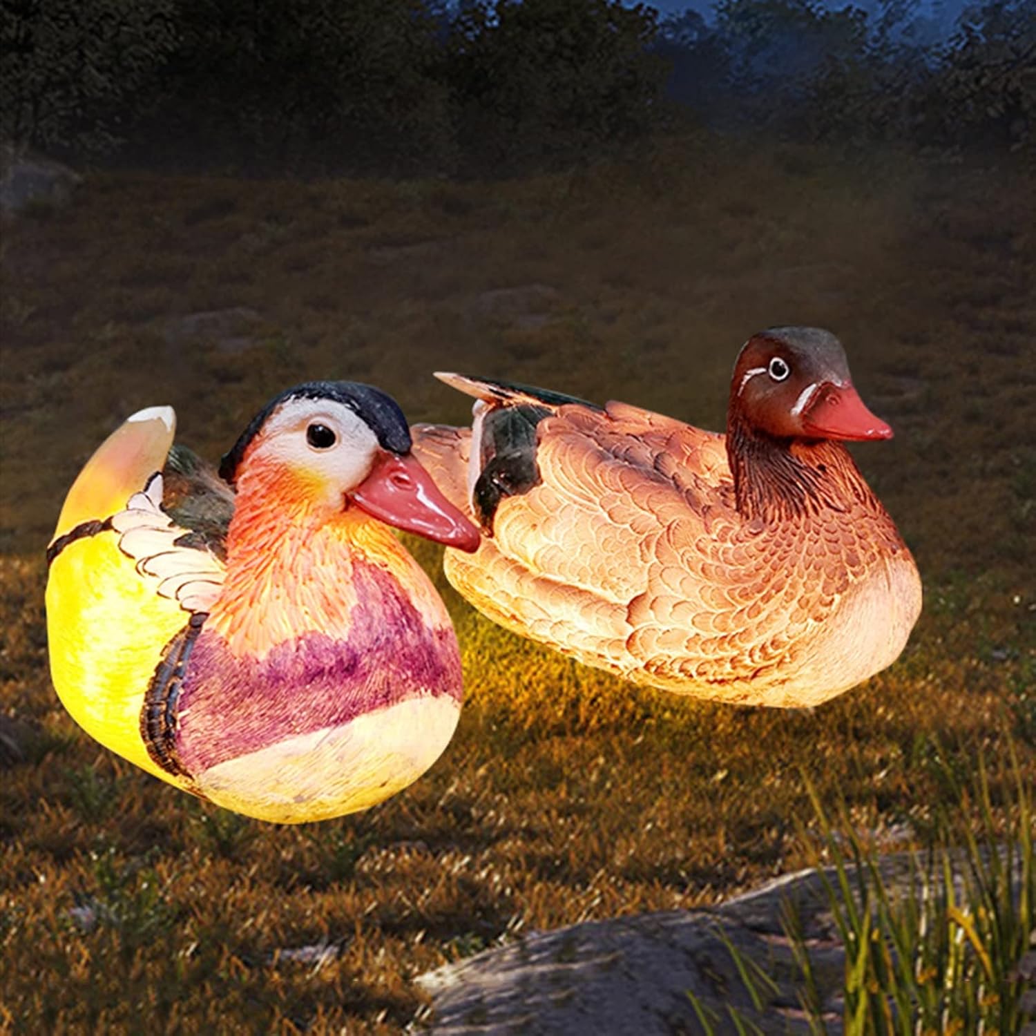 Mandarin Duck Statue Garden Animal Lamp Resin Figurines Light Ornament Waterproof for Patio Lawn Yard Porch Outdoor Decoration
