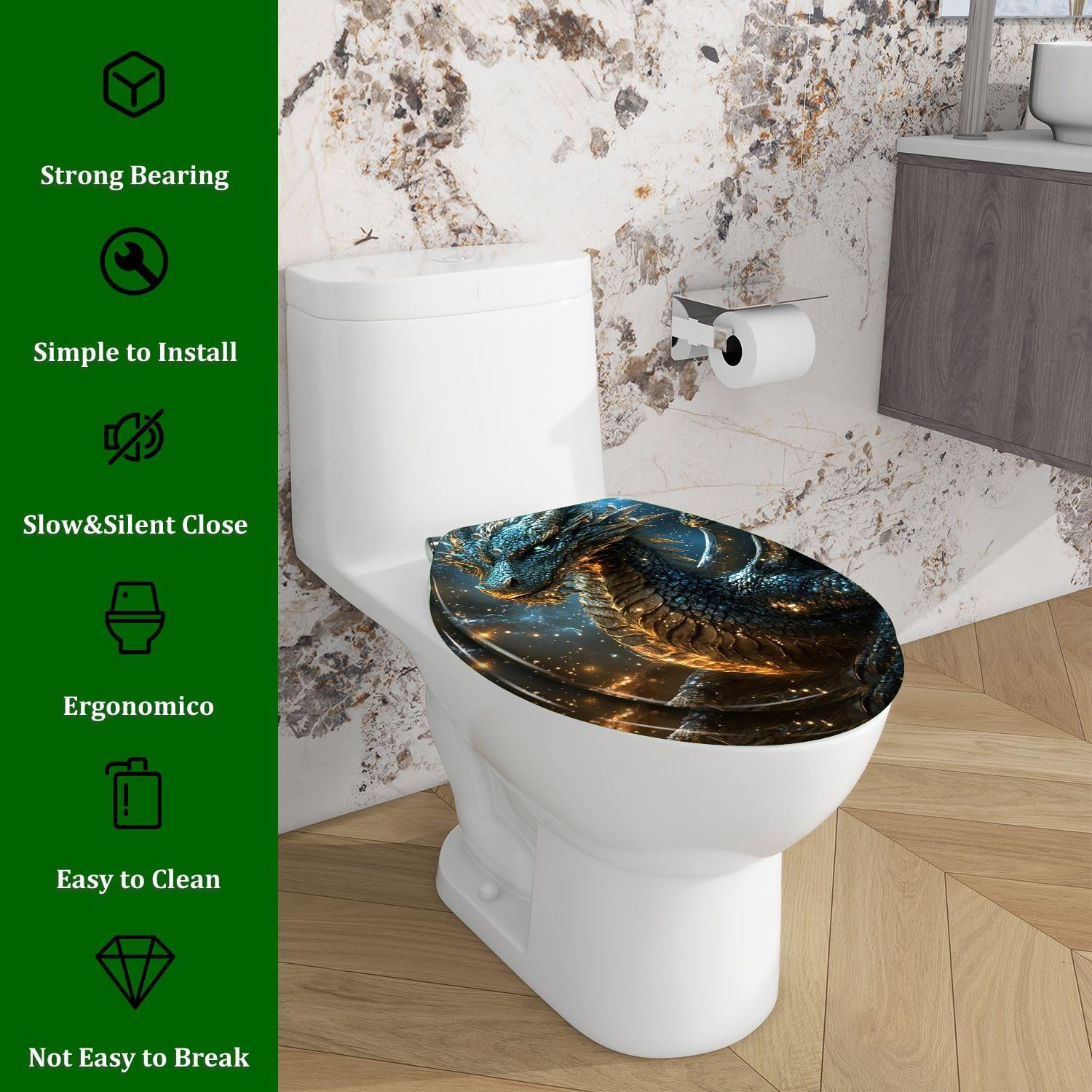 Elongated Toilet Seat Dragon Decor Galaxy Canvas Cosmic Background Stars Scale Texture Resin Toilet Seat Quietly Close Quick Release Hinges Decorative Toilet Seat with Cover Easy to Install