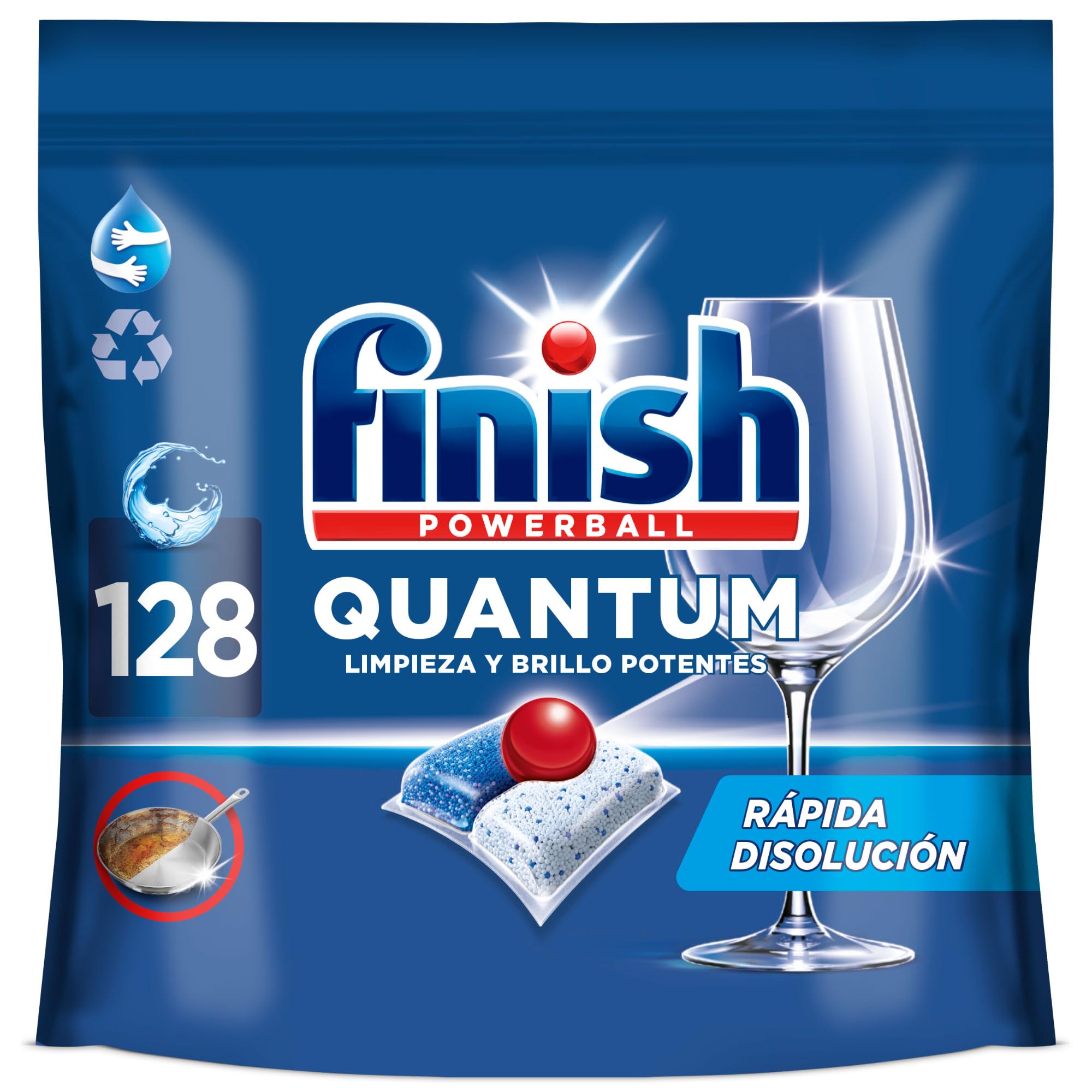 Finish Powerball Quantum Limpieza y Brillo Potentes, Pastillas para lavavajillas, aroma Regular, 128 pastillas