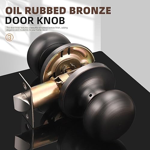 Miniatura 2 de GOBEKOR Paquete de 4 perillas para puerta de paso, pomos redondos de bronce aceitado para puerta interior con cerradura, perillas de puerta de