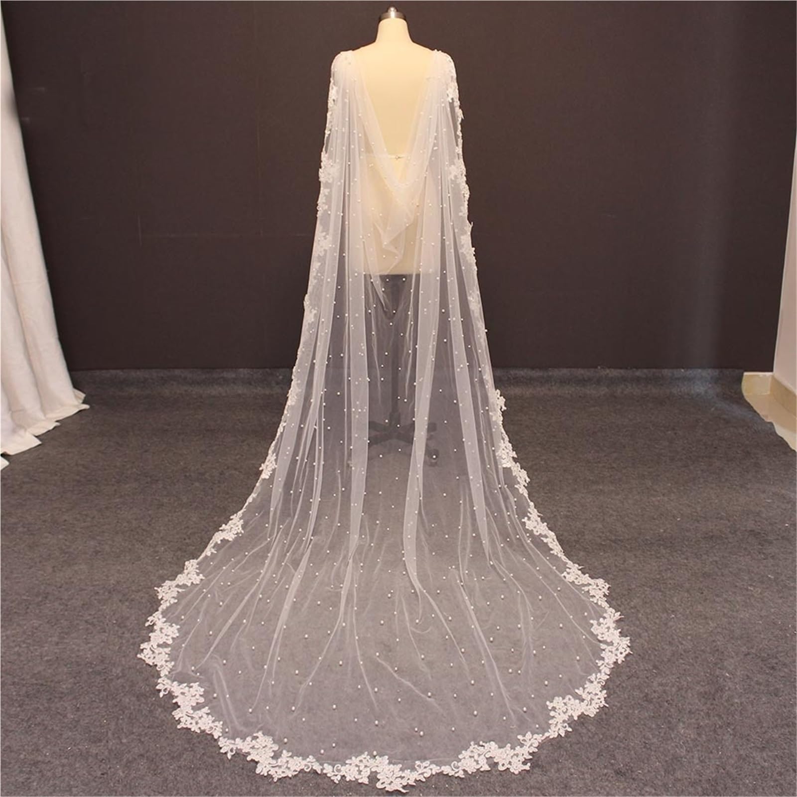 Chal Boda para Mujer Capa de Encaje Nupcial con Perlas: Chaqueta de Novia de 2,5 m con Ribete de Encaje, Color Blanco(300cm)