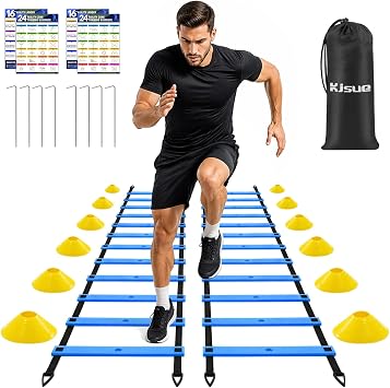 2 Pack 20ft Agility Ladder Set, 40ft Total Adjustable Speed Ladder with 12 Cones, 8 Stakes, 1 Carry Bag - Parallel Footwork Drills Gear for Football Soccer Basketball Training Equipment