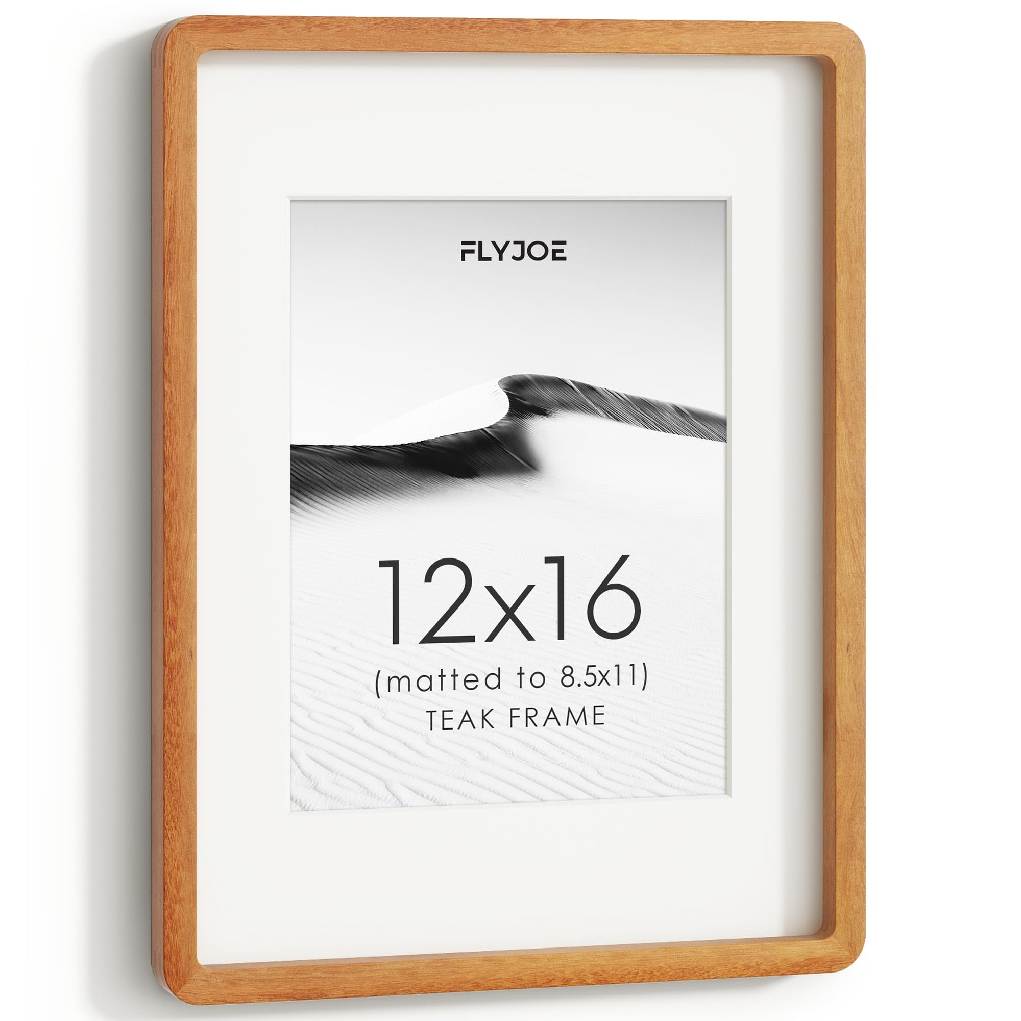 FLYJOE 12x16 Picture Frame, Solid Teak Wood Frame with Mat for 8.5x11 Photo