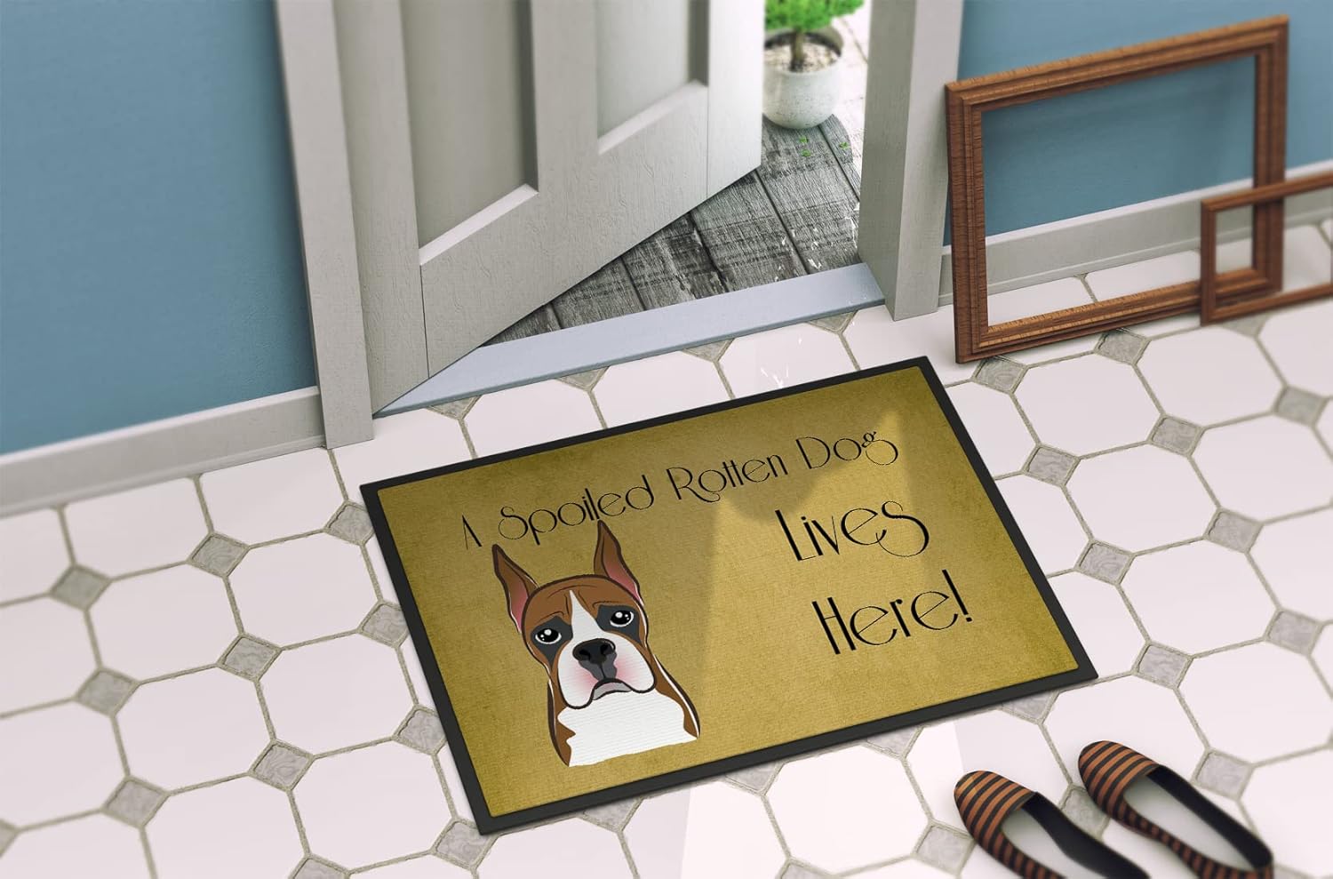 Caroline's Treasures BB1471MAT Boxer Spoiled Dog Lives Here Doormat 18x27 Front Door Mat Indoor Outdoor Rugs for Entryway, Non Slip Washable Low Pile, 18H X 27W