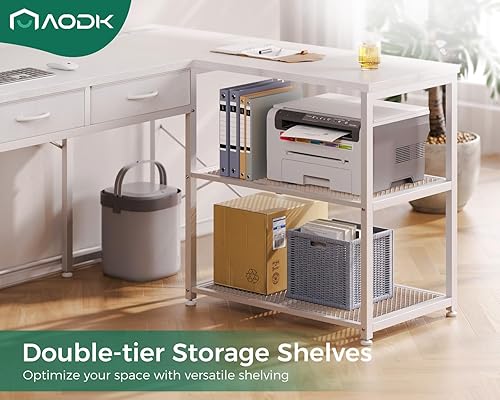 Miniatura 7 de AODK Escritorio de computadora en forma de L de 53 pulgadas con cajones, escritorio de esquina con tomas de corriente y estantes de almacenamiento