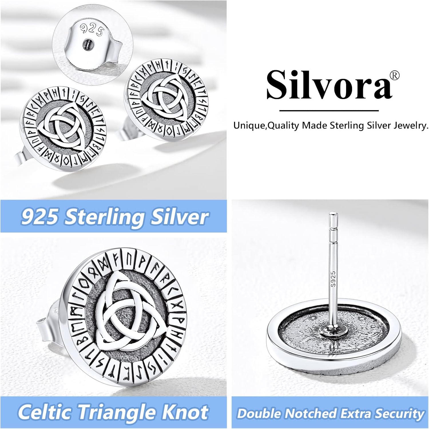 Silvora Viking Stud Earrings 925 Sterling Silver Jewelry for Men Women Vintage Retro Style with Gift Packaging