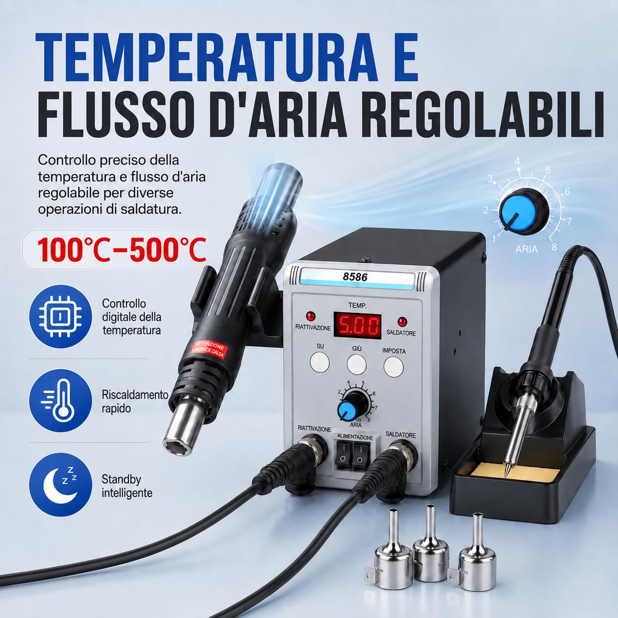 VOBOR Stazione Saldante, 2 in 1 Saldatore a Stagno Professionale ad Aria Calda 700W con Display LED, 200°C-500°C Kit di Strumenti Saldatura per Riparazione Saldante Elettronica