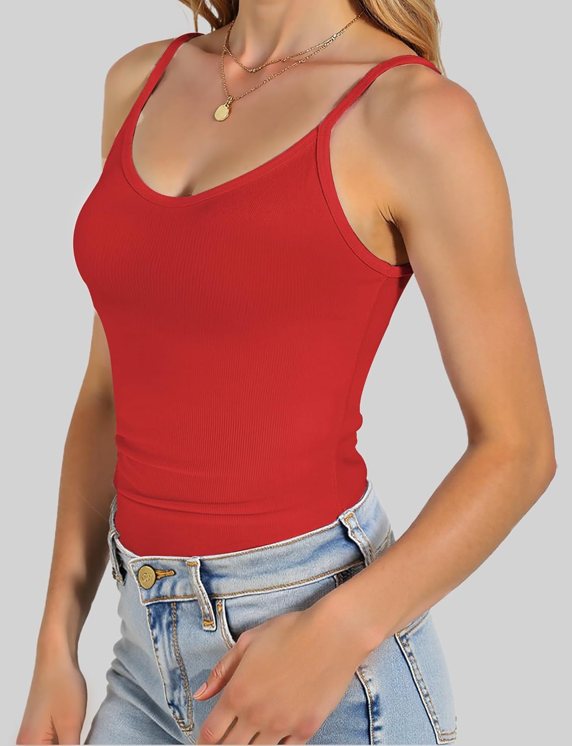 Tank Tops for Women, Scoop Neck Ribbed Basic Tank Tops, Women Slim Knit Basic Summer Tops Going Out Tops Long Sleeveless Shirt (S, Red) - Image 5