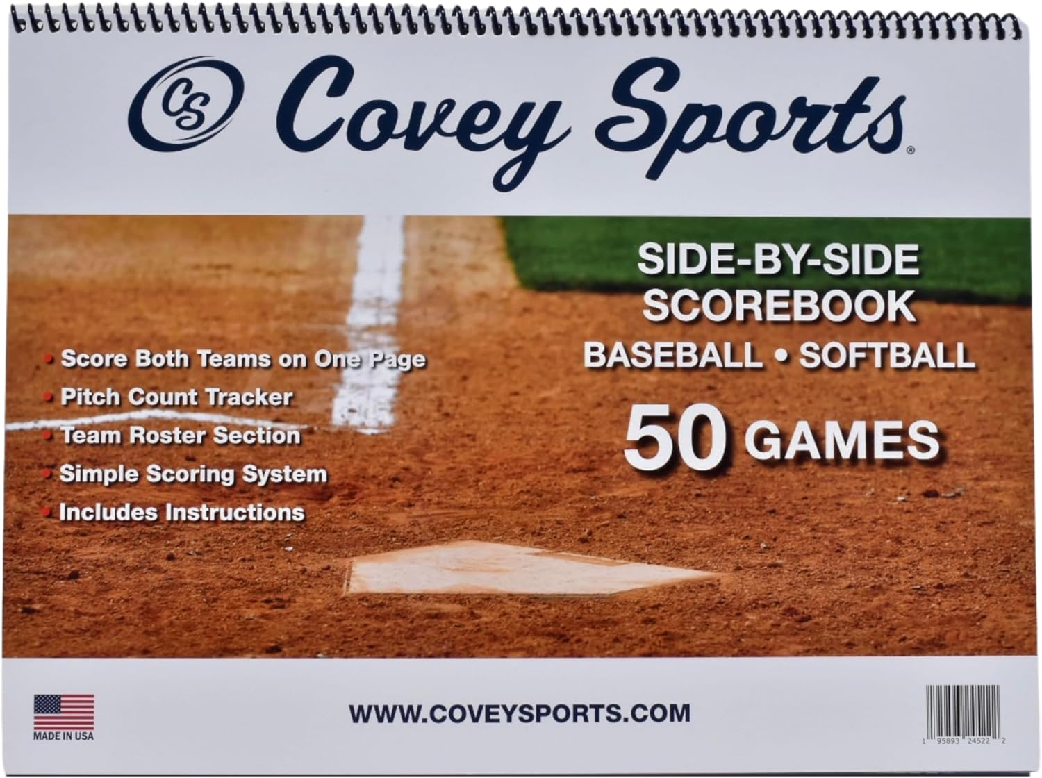 Covey Sports Premium Baseball Scorebook with 50-Game Capacity - Side-by-Side Format for Tracking Both Teams on One Page - Softball Score Keeping Book with Pitch Count Tracker