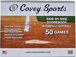 Covey Sports Premium Baseball Scorebook with 50-Game Capacity - Side-by-Side Format for Tracking Both Teams on One Page - Softball Score Keeping Book with Pitch Count Tracker