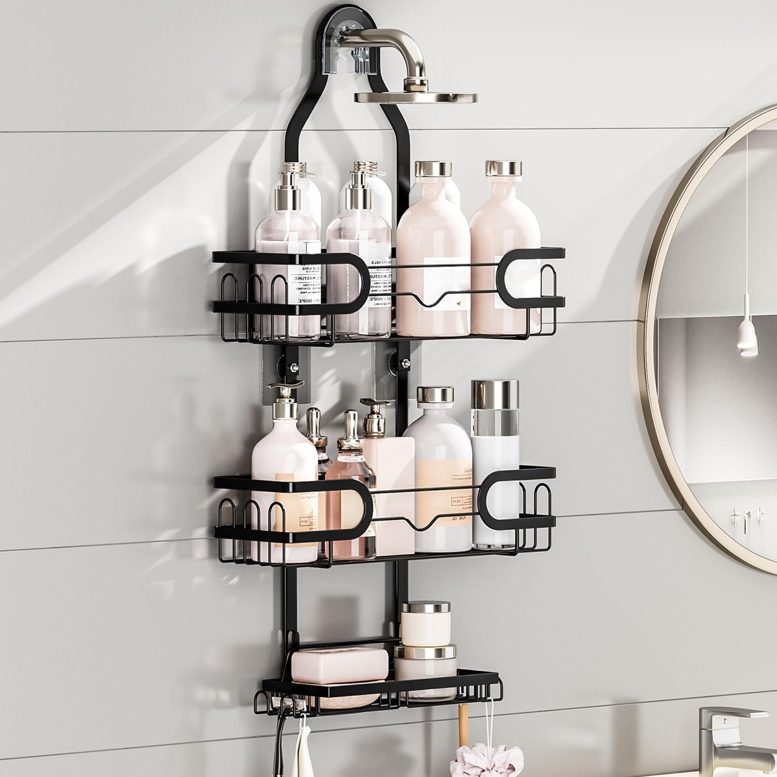 3 Tier Shower Caddy Hanging Shower Organizer Wall Mounted Rustproof Shower Shelf with Hooks for Towels and Sponge
