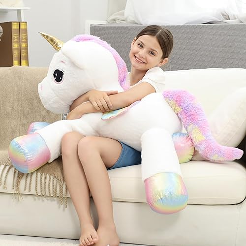 Miniatura 7 de Almohada de peluche gigante de unicornio de 44 pulgadas, lindo unicornio grande suave con alas de arcoíris, juguete de peluche grande, regalos para