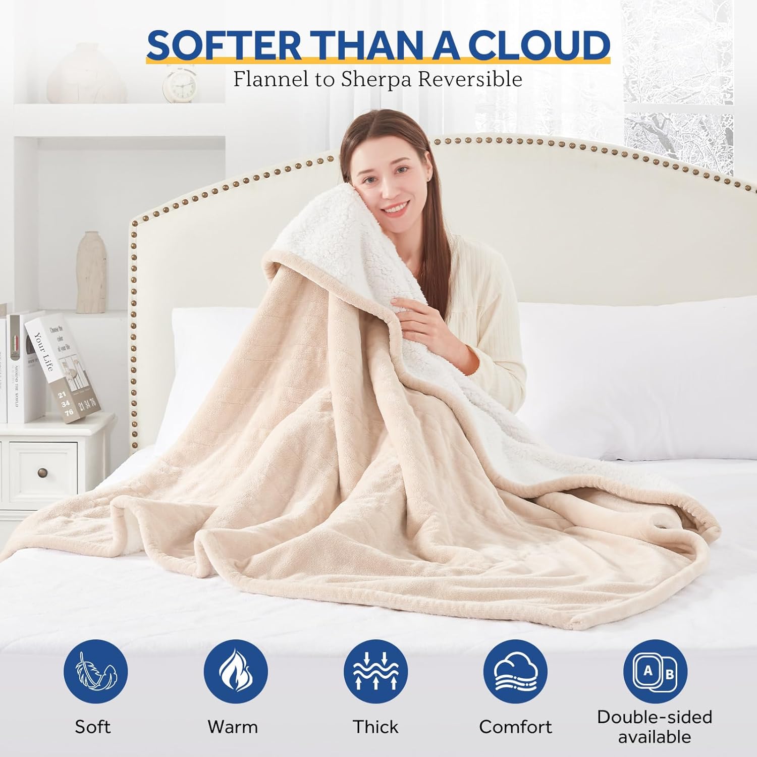 Sealy Heated Blanket Throw with Built-in Button Controller, Reversible Flannel to Sherpa Electric Blanket with 2-10 Hours Auto-Off & 4 Heating Levels, Over-Heat Protection, 50x60 inch, Beige