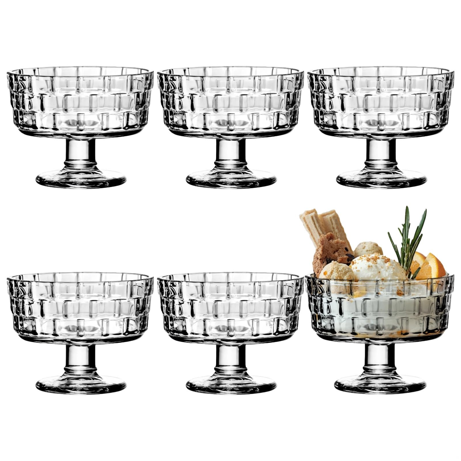Mini-Dessertschalen aus Glas, quadratisches Muster, 188 ml, transparentes Glas für Parfait, Obst und Gelees, 6 Stück