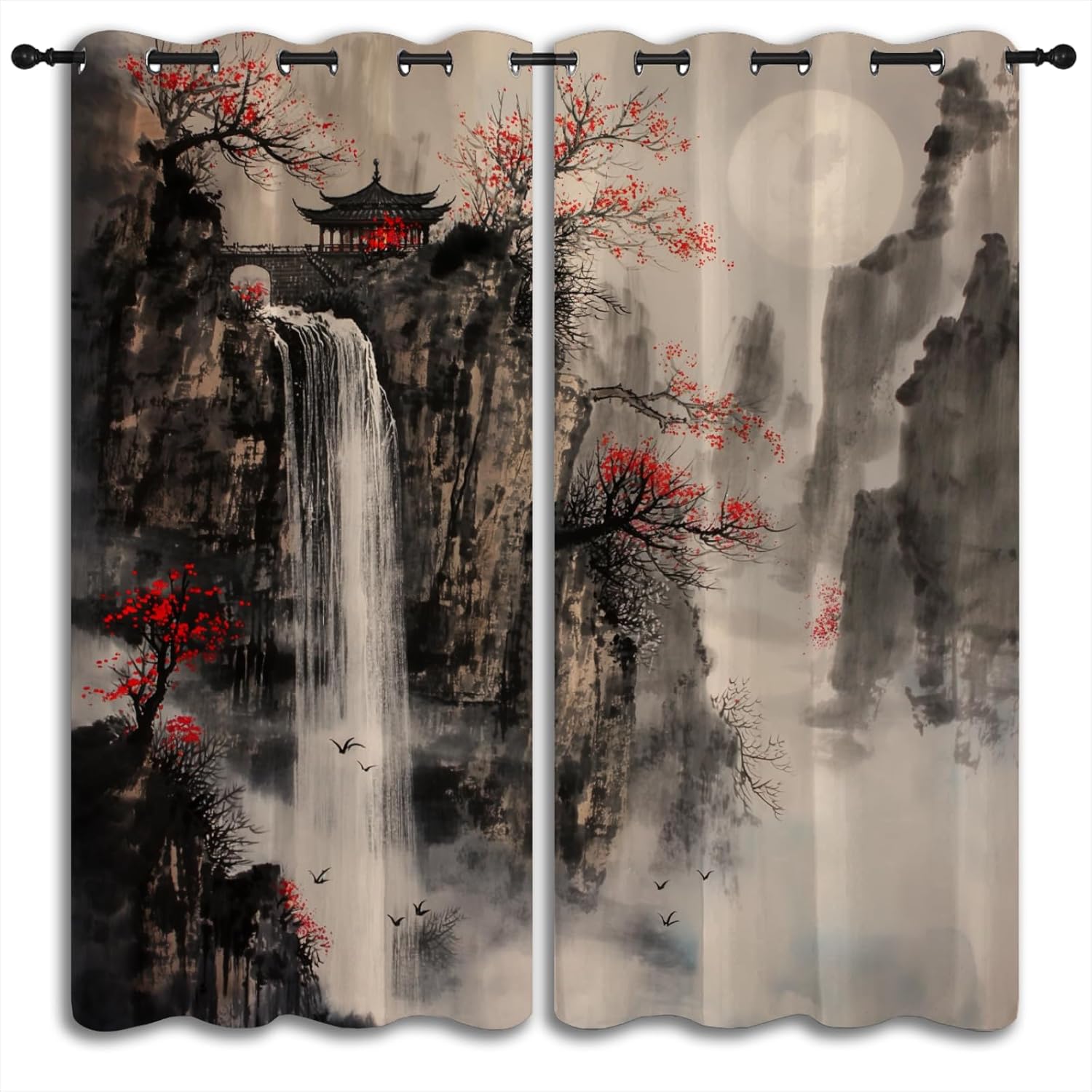 Japanese Blackout Curtains for Boys Girl Bedroom Home Decor, Asian Style Plum Blossom Red Sun Retro Ink Painting Thermal Insulated Grommet Darkening Living Room Window Drapes, 63 x 63 inch