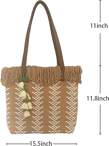 Miniatura 4 de Bolsa de paja para mujer, bolsas de playa hechas a mano, bolso de hombro suave con Azipper, Caqui