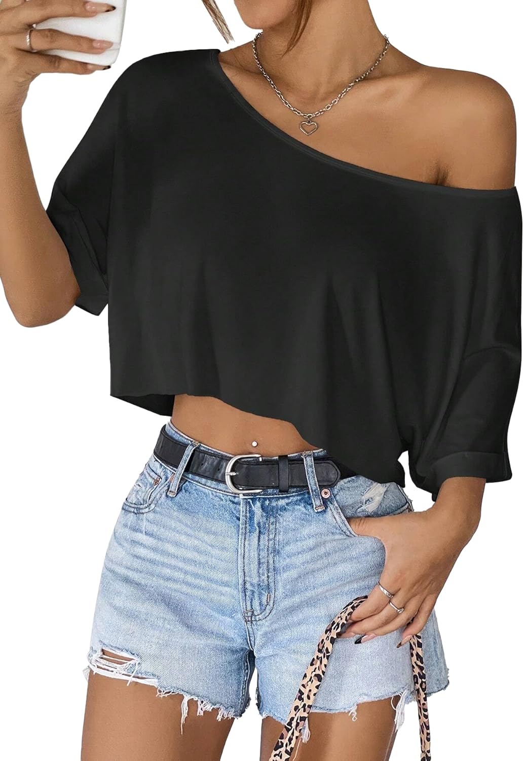 SOFIA'S CHOICE Women's Off Shoulder Crop Tops Loose Boat Neck Short Sleeve T Shirt - Image 3