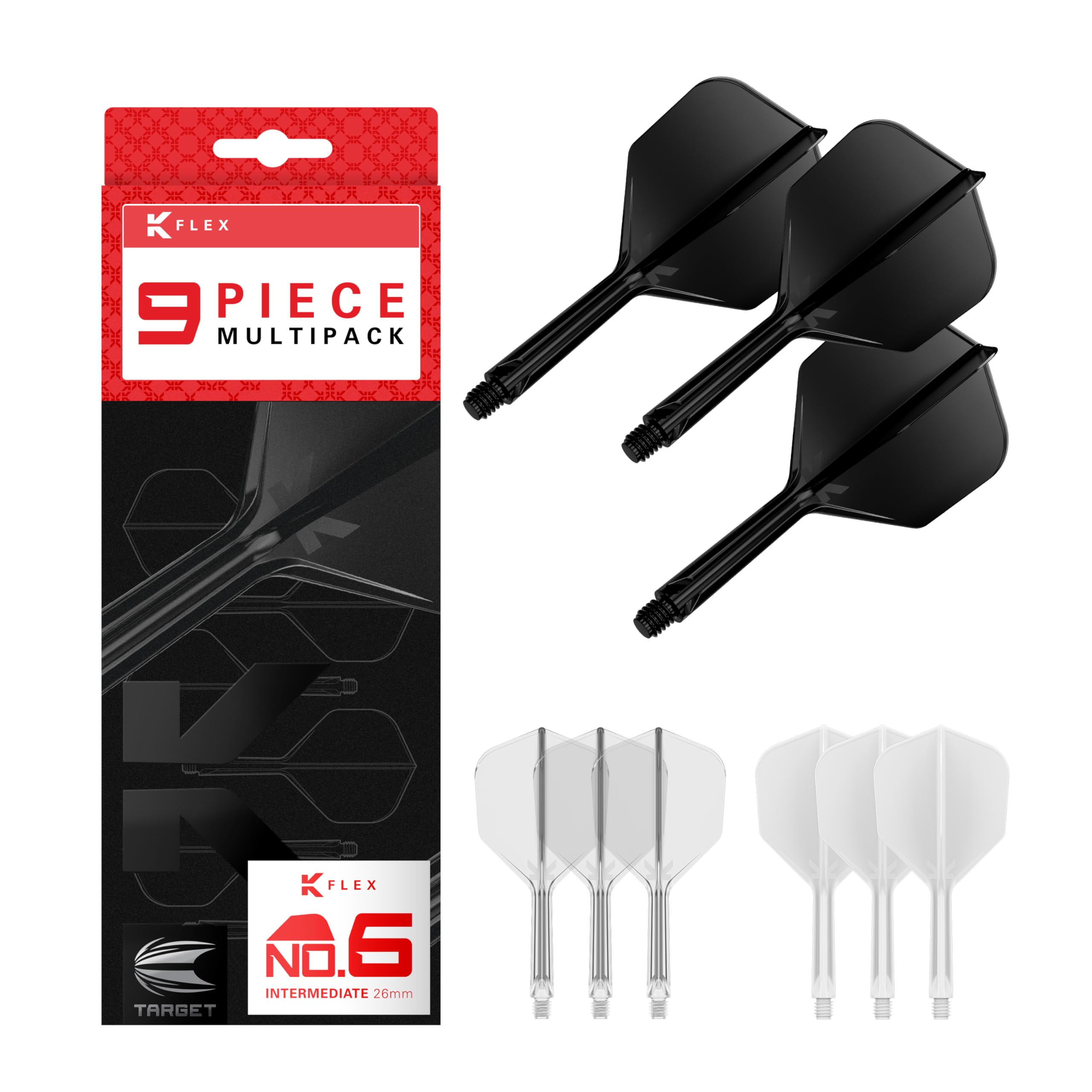 Target Darts K-Flex Integrated Dart Flights and Shafts, Intermediate Stem (26mm), No.6 Flight, 9-pack Bundle, Black, White & Clear | Kflex 2 In 1 Flight and Stem, Professional Darts Accessories