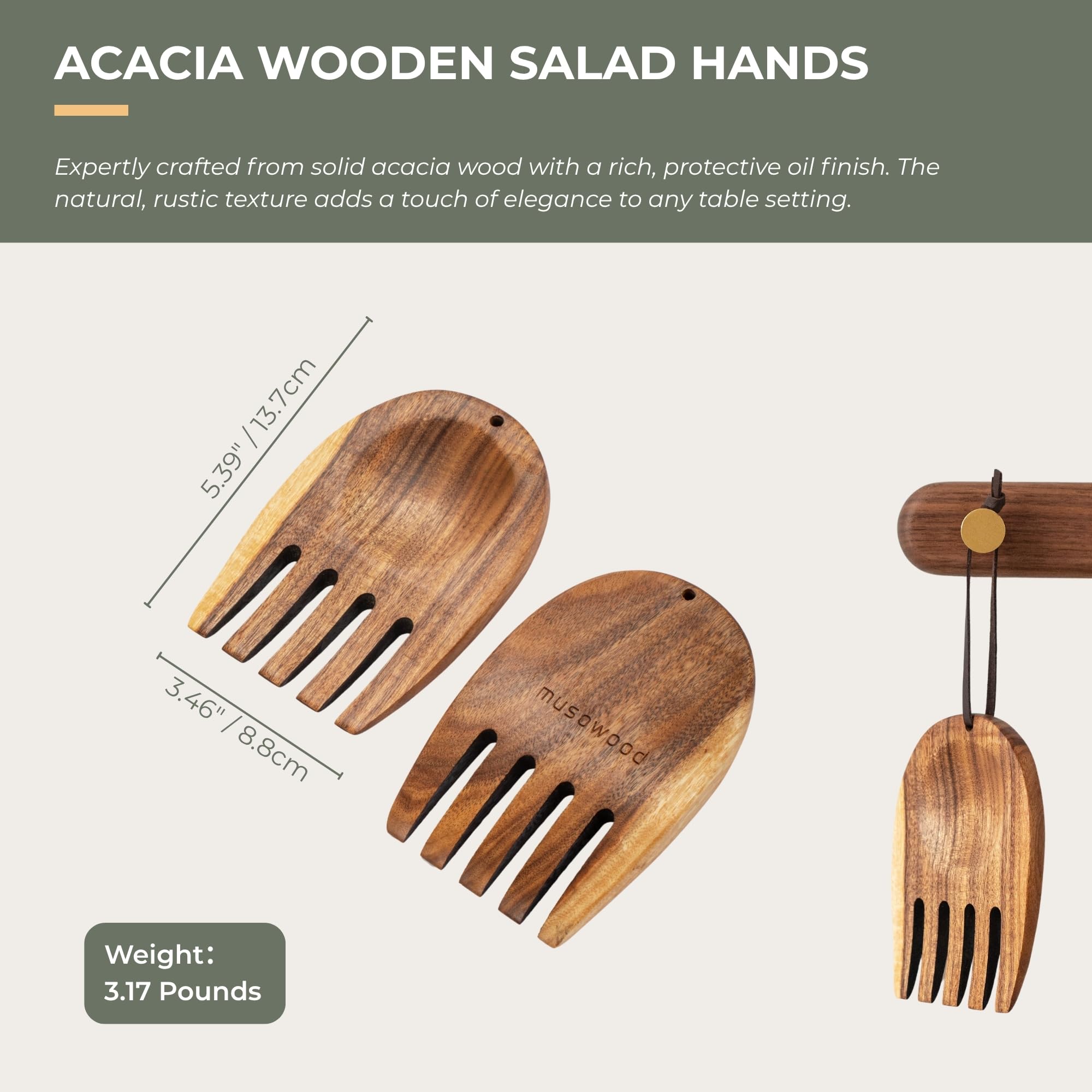 Muso Wood Manos de ensalada de acacia, pinzas de madera para servir mezclas de ensalada, juego para servir ensalada de frutas en tu encimera de cocina, 5.1 x 3.6 x 0.4 pulgadas, un par