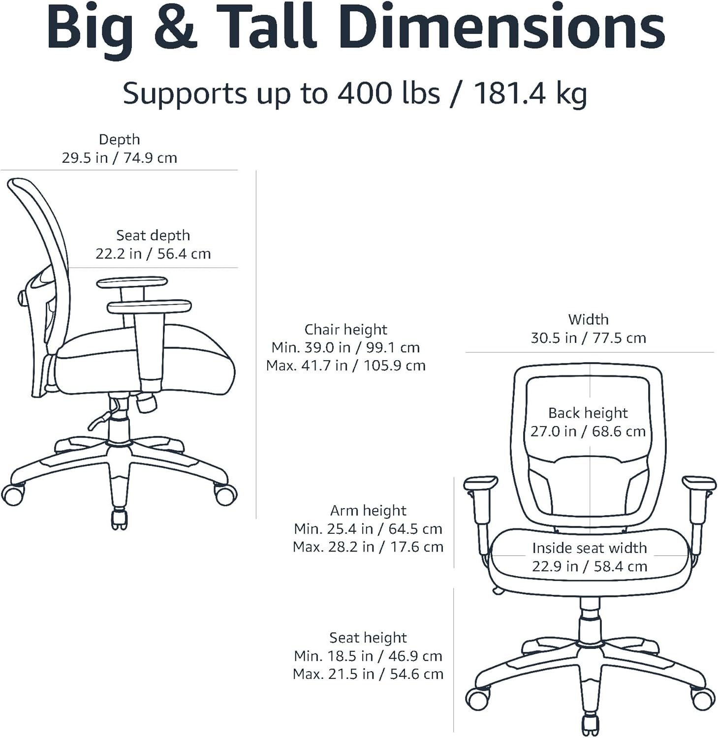 Amazon Basics Big and Tall Mesh Office Chair with Adjustable Armrests, Lumbar Support, Adjustable Height, 400lbs Capacity, Black - Image 3