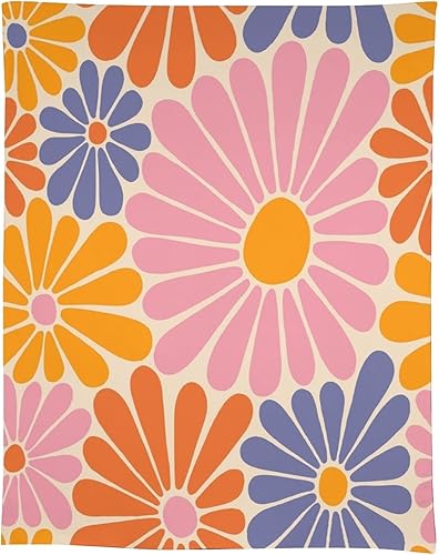 Miniatura 836 de Mantel floral hippie, diseño retro de los años 70, naranja, rosa, azul, floral, bohemio, estampado estético de margaritas, para fiesta, picnic