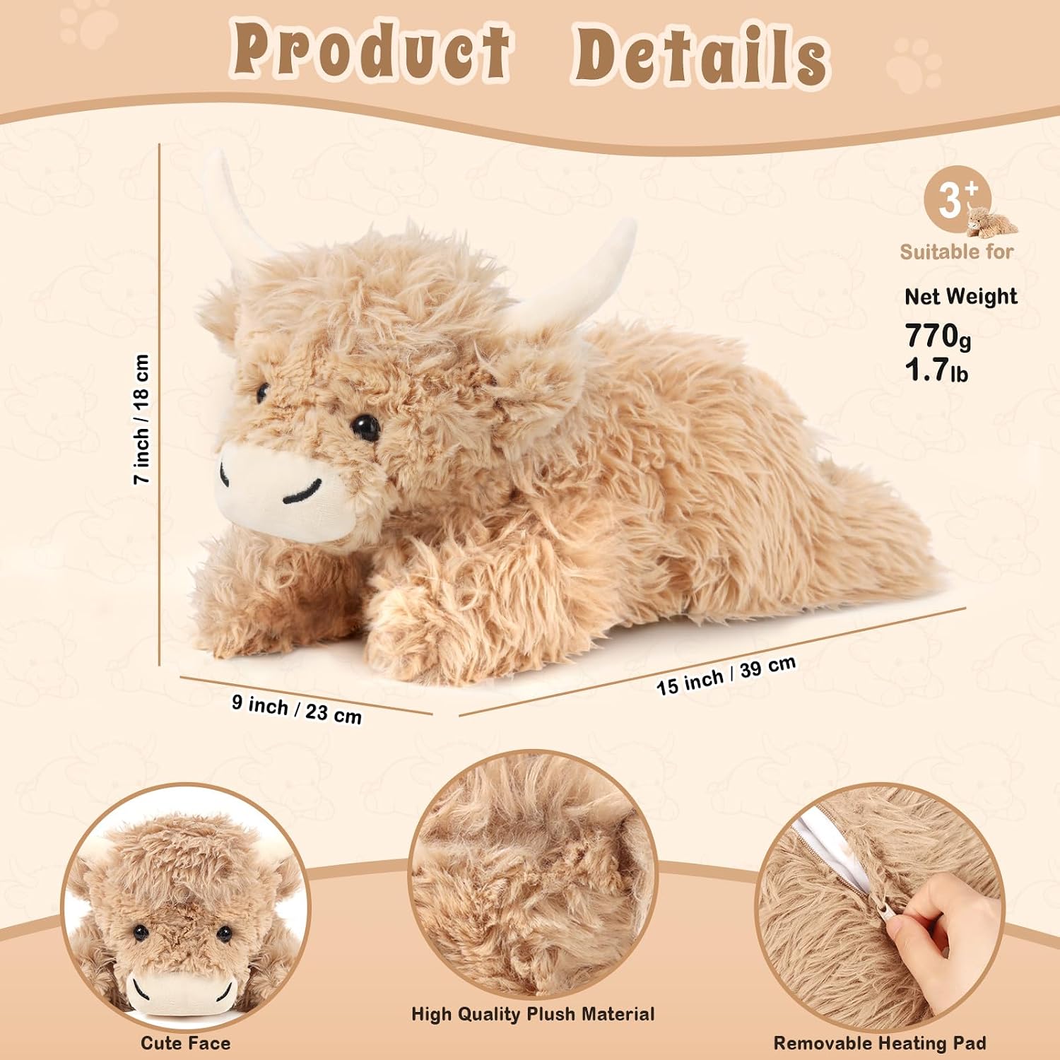 Highland Cow Stuffed Animals, Weighted Stuffed Animals with Removable Microwave Heating Pad for Period Cramps, Pain Stress Relief for Women, Lavender Scented Cow Plush for Relax, Highland Cow Gifts