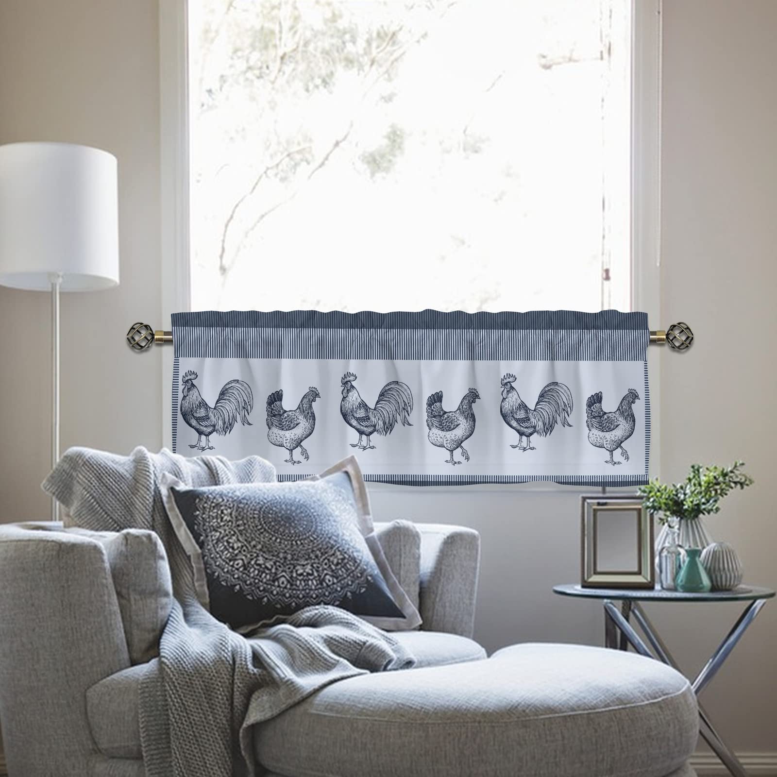 Miyotaa Rooster Farmhouse Kitchen Curtain Valance 54W X 18H Rod Pocket Rustic Farm Chicken Rural Country Plaid Window Treatment For Living Room Bedroom Bathroom Laundry