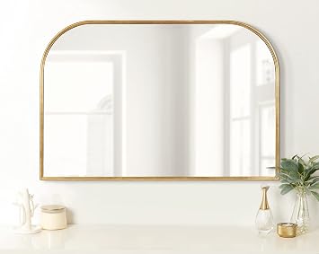 Kate and Laurel Caskill Modern Arched Wall Mirror; 36 x 24. Gold; Decorative Wide MIdcentury Mirror for Wall Decor with Wide Arched Frame and Sophisticated Look