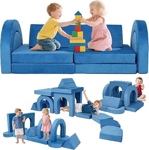 Miniatura 10 de Sofá modular de juego para niños, 13 piezas, sofá de espuma de alta densidad, muebles de sala de juegos convertibles con funda de terciopelo suave