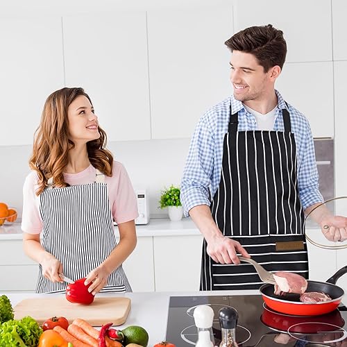 Miniatura 5 de Paquete de 2 delantales unisex, delantal de cocina ajustable, delantal de cocina, delantales para mujeres y hombres con bolsillos, delantales de chef