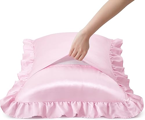 Vista 84 de Fundas de almohada de satén negro con volantes para cabello y piel, juego estándar de 2 fundas de almohada de seda negra con cierre de sobre