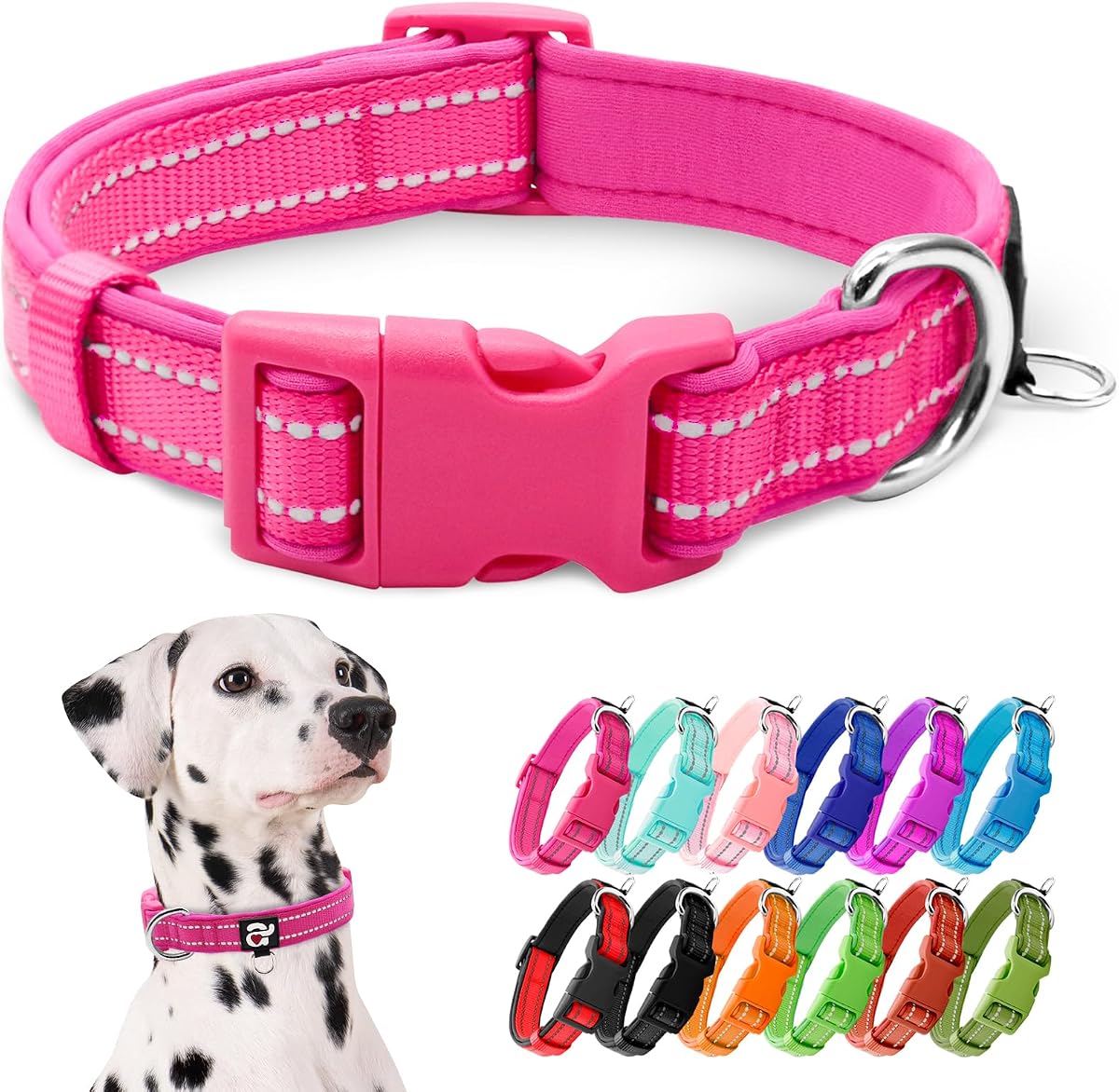 azuza Collar de Perro Reflectante, Collar de Perro Grande Acolchado de Neopreno, Rosa Caliente, L