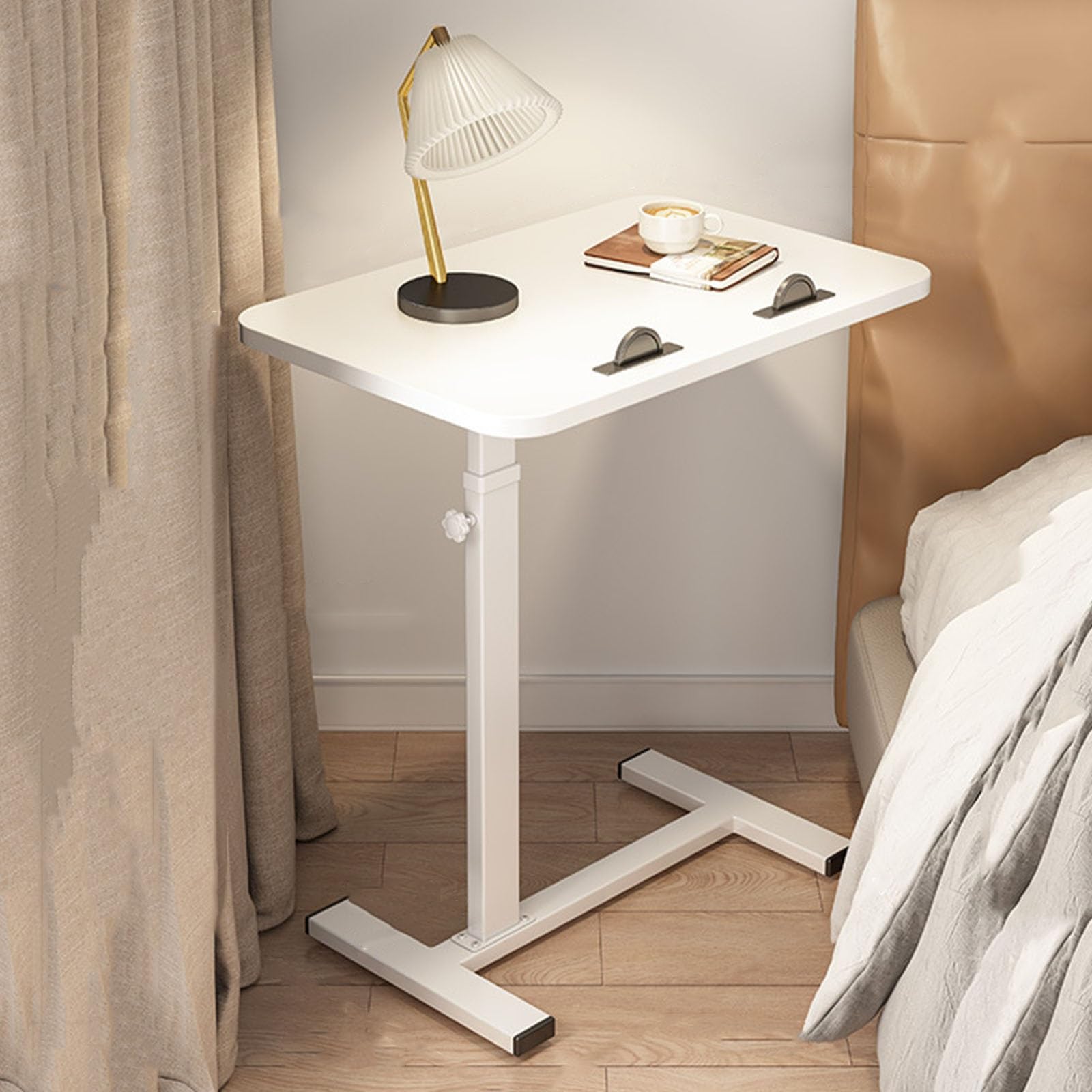 SXZenSpace Adjustable Small Mobile Standing Desk with Wheels Overbed Bedside Table for Hospital & Home Use Ergonomic Lifting Computer (White+White)