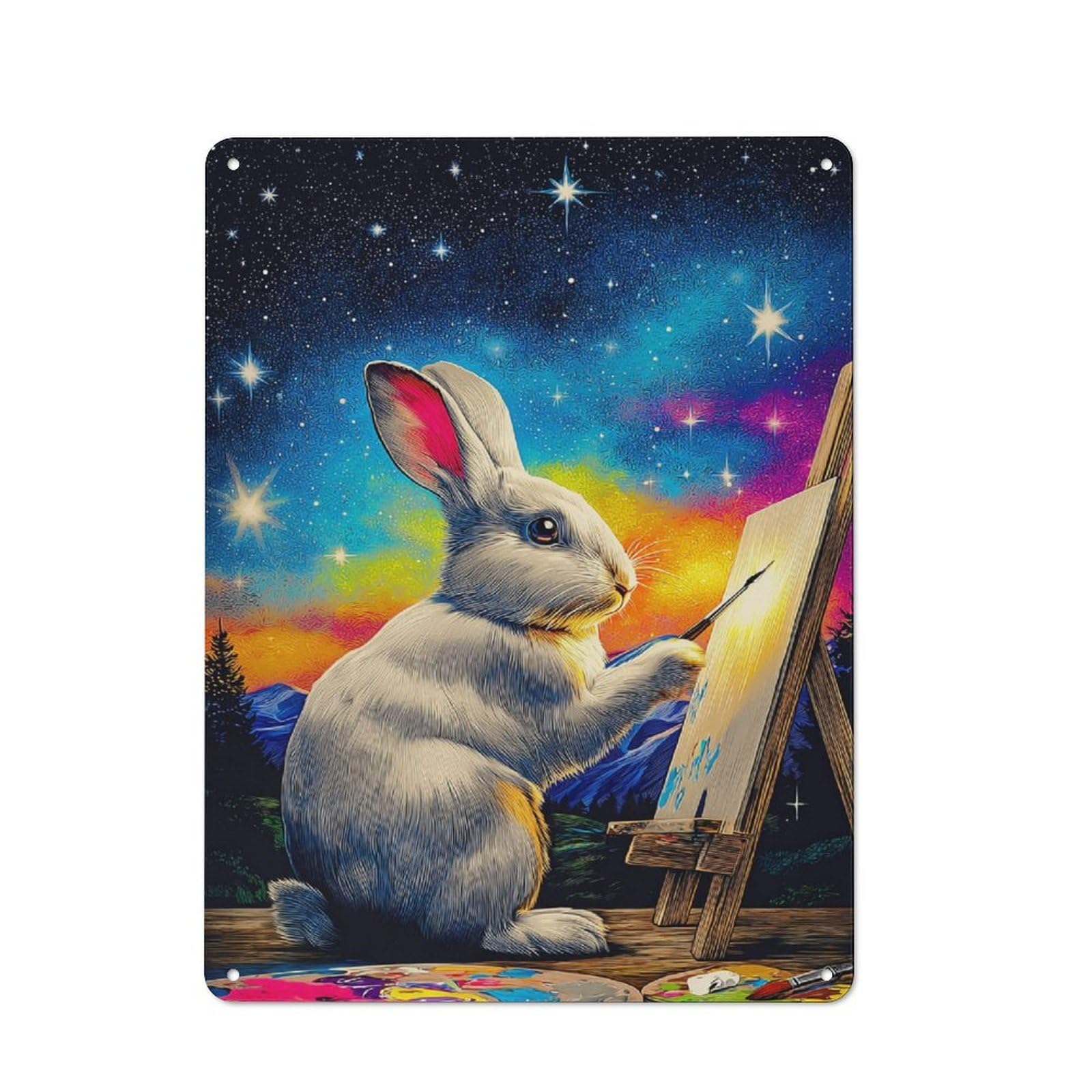 Junmoney Rabbit Painting Starry Sky Metal Plaque With Design 40X30cm, Cosy Diner Style Decor For Coffee Bar, Kitchen, Bistro Or Tea Corner