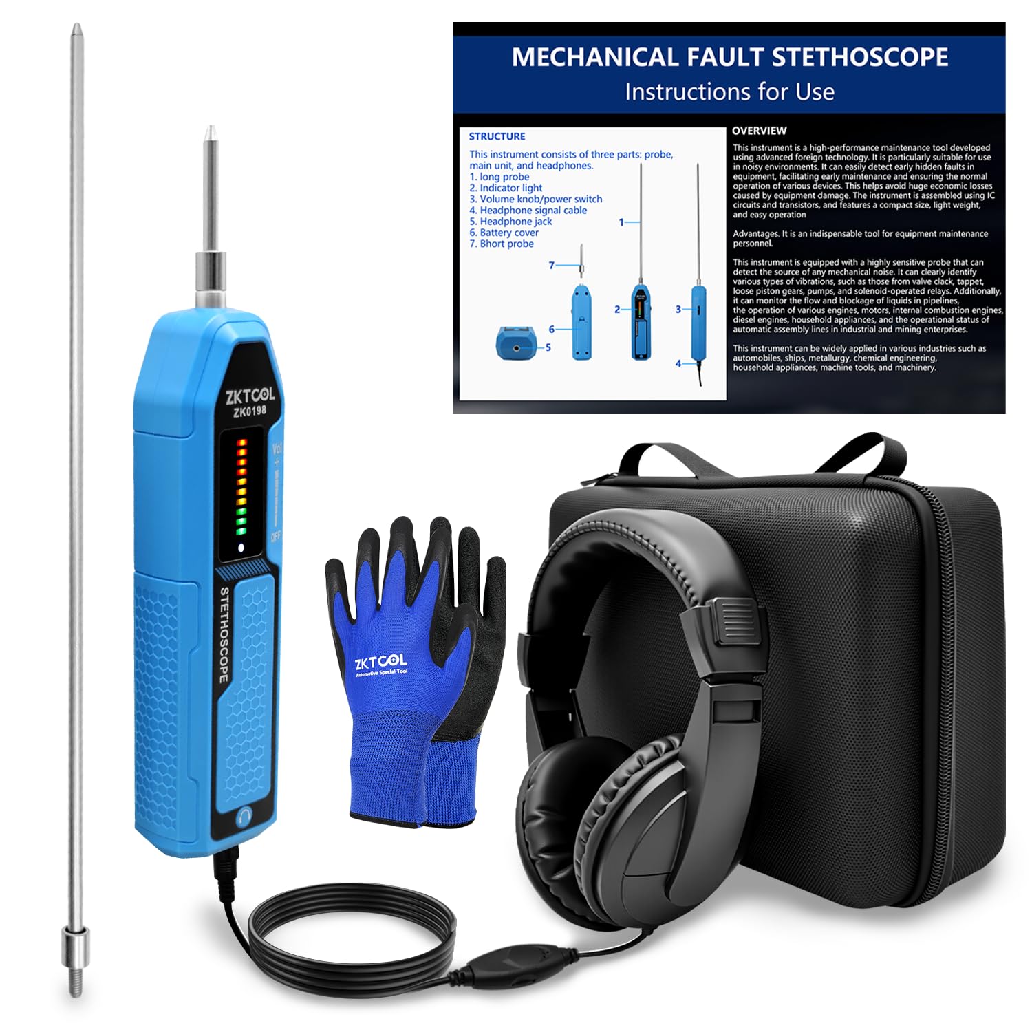 ZKTOOL Elektroniczny stetoskop do mechaniki samochodowej, zestaw elektronicznych urządzeń diagnostycznych EM410, z krótką i długą sondą, słuchawkami, detektorem hałasu silnika, zakres częstotliwości