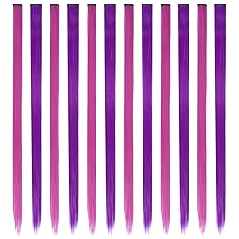 FESHFEN Colored Clip in Hair Extensions - 12 PCS Lilac Purple and Rose Pink Highlighted Hair Piece Straight Synthetic Clip in Hairpieces for Women 22 inch