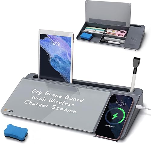 SELEAD Pizarra blanca de cristal de escritorio con estación de carga inalámbrica, pizarra de borrado en seco, soporte para teclado con organizador