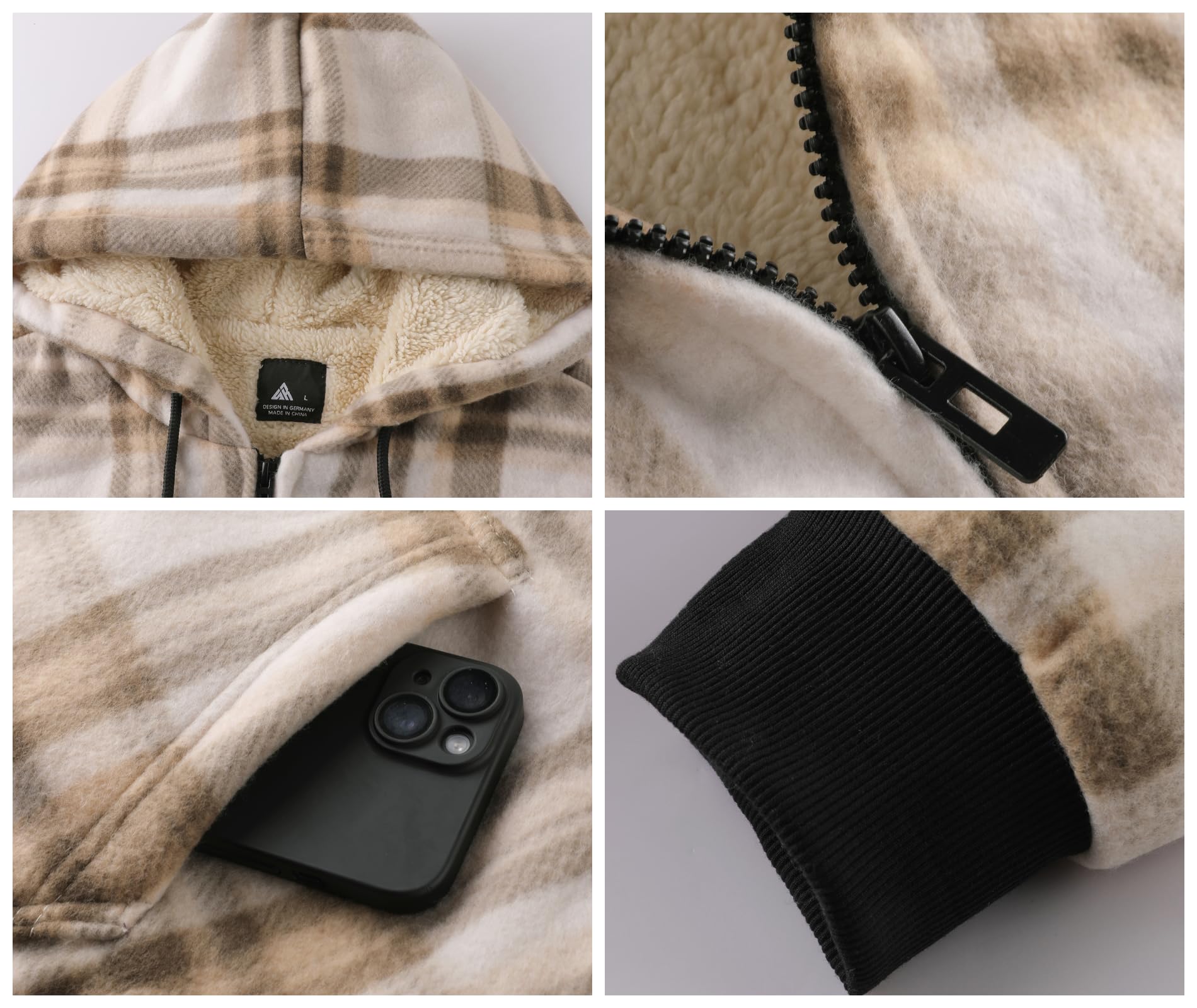 onedog Uomo Felpa con Cappuccio a Scacchi in Pile con Zip Intera Felpa con Cappuccio Uomo Maniche Lunghe in Pile con Cappuccio Giacca Autunno e Inverno Giacca Calda con Ispessimento