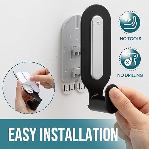 Miniatura 4 de TAILI Ganchos de metal colgantes sin daños con tiras adhesivas, 2 ganchos y 2 tiras adhesivas, ganchos adhesivos resistentes para almacenamiento del