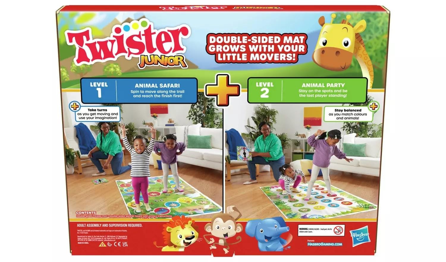 Hasbro Gaming Twister Junior Game, Animal Adventure - Tappetino 2 Lati, 2 Giochi in 1, Gioco per Interni, per 2-4 Giocatori