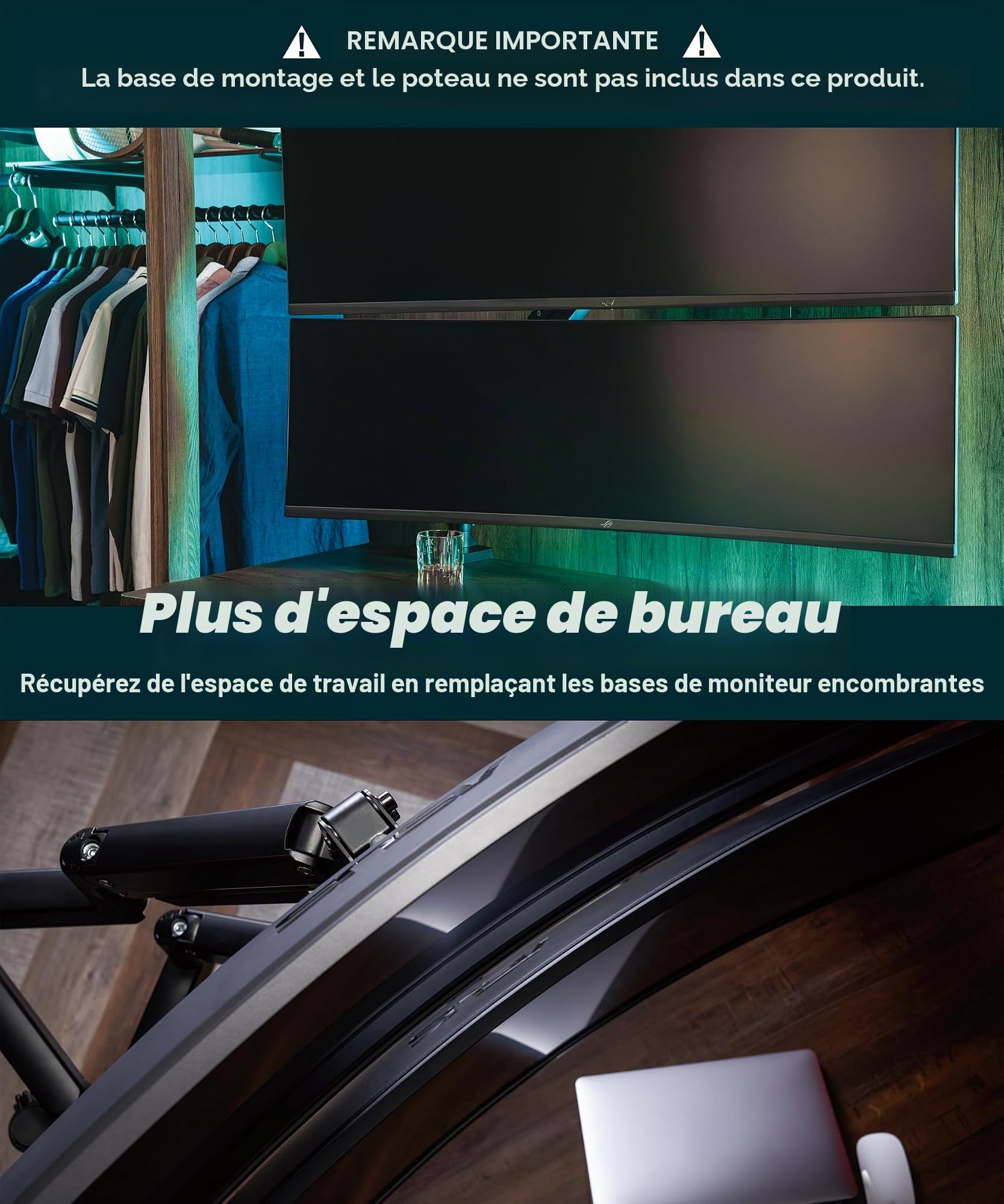 ULTRARM Bras d'extension Robuste, Accessoire pour MA20P-S, Non Autonome | Max 3 écrans, support vertical double 49", base & tige non incluses, VESA 100x100, Noir, MA20P-A