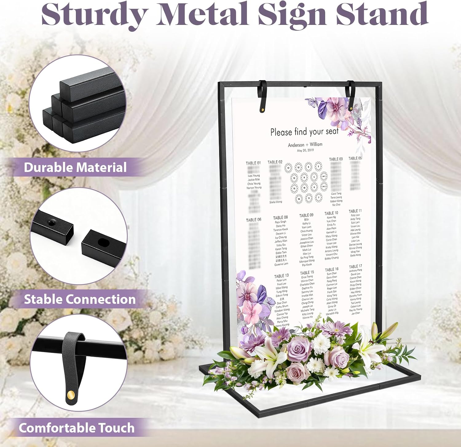 AZEAM Wedding Welcome Sign Stand with 4 Leather Straps for Hanging, 50"x30"x20" Metal Black Wedding Easel Stand for Welcome Sign, Seating Chart Holder for Outside Baby Shower Party Restaurant Poster image 5