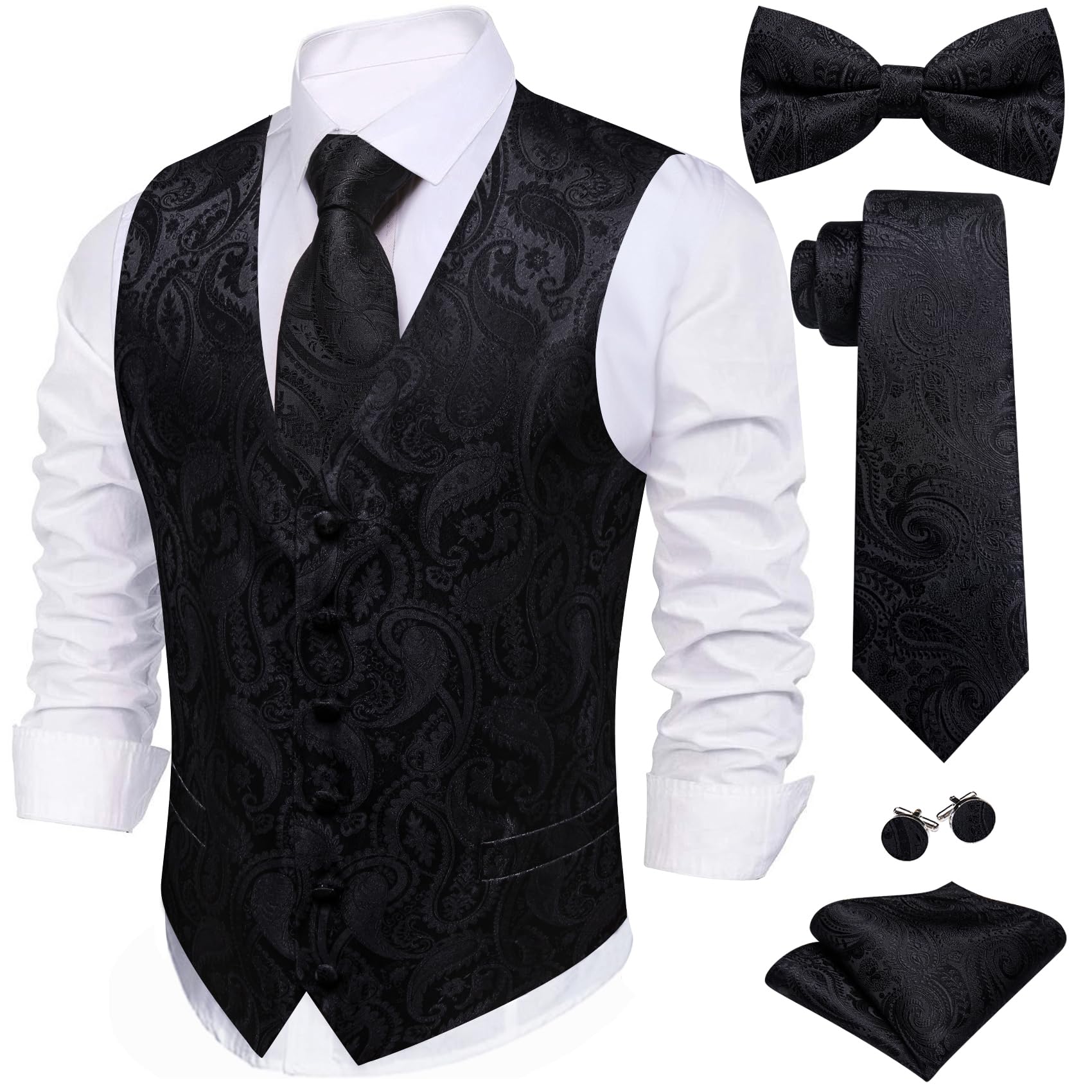 Barry.Wang Men's Suit Vest Tie Bowtie Hanky Cufflinks Clip Brooch 7PCS