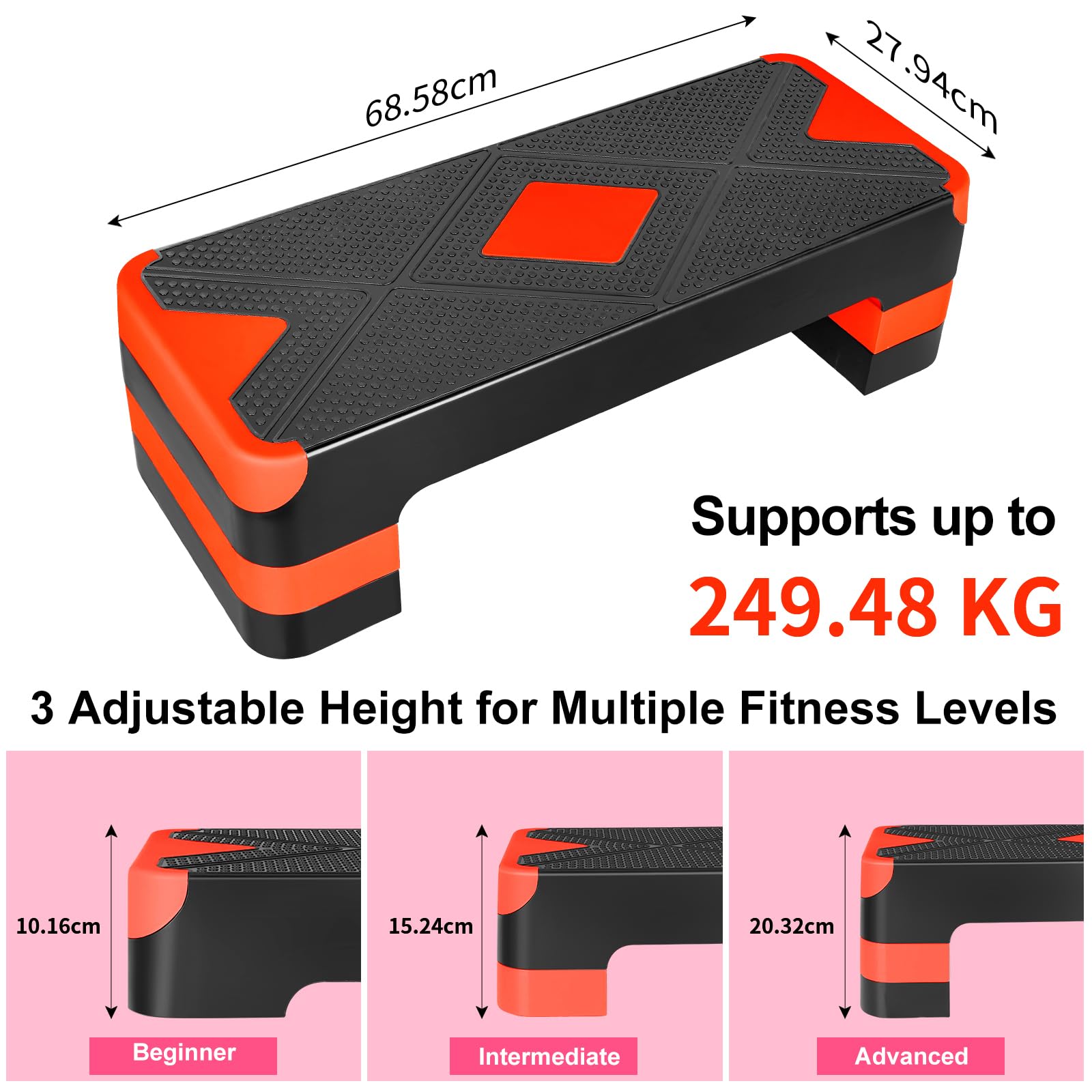 Aerobic Step Platform Orange, Höhenverstellbar, Rutschfest, Kompakt | Mehrere Höhenstufen (10/15/20cm), rutschfeste Oberfläche, klappbar & tragbar, für Heim- & Gym-Training