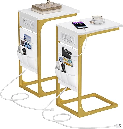 Miniatura 24 de TUTOTAK Mesa auxiliar en forma de C con estación de carga, mesa auxiliar para sofá, sofá con bolsa de almacenamiento, juego de 2, bandeja de TV con