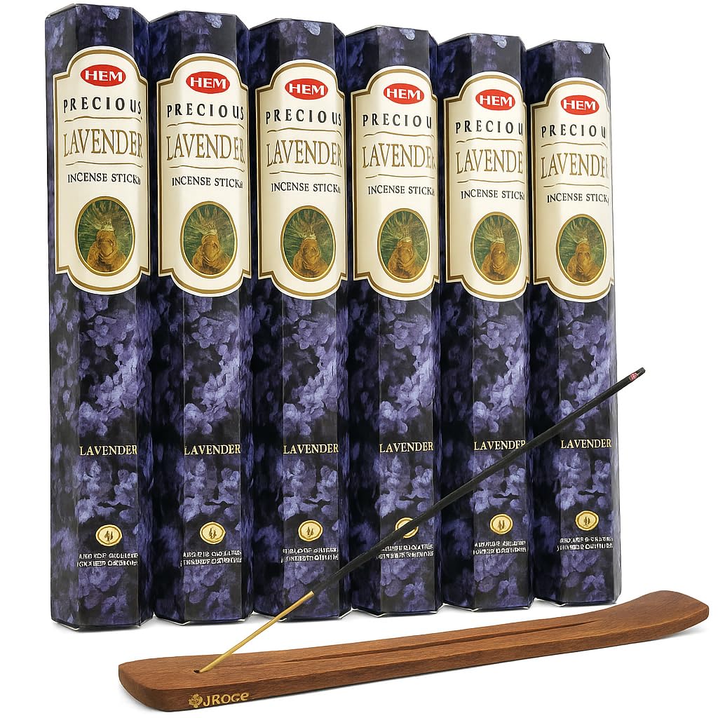HEM Precious Lavender Incense Sticks – 6 Packs (120 Sticks Total) with JRose Incense Burner – Aromatherapy, Meditation, Relaxation & Home Fragrance