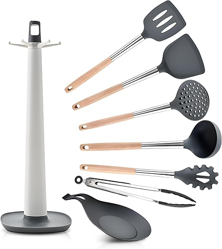Juego de utensilios de cocina de silicona  446 F resistente al calor 8 piezas juego de cocina con asas de madera  Juego de espátulas de cocina de