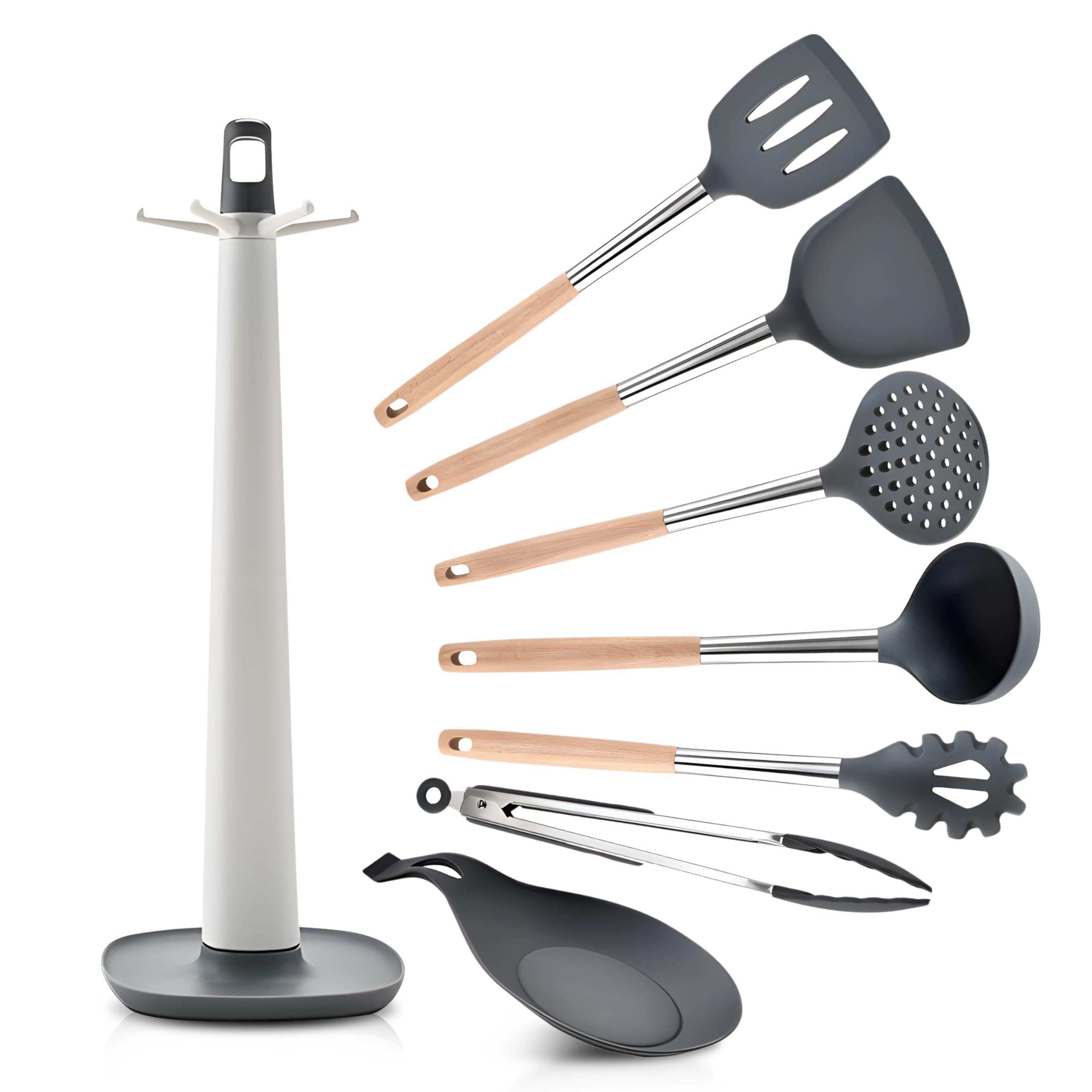 Silicone Cooking Utensils Set - 446°F Heat Resistant 8 Pcs Cooking Set With Wooden Handles- Non Stick and Non Scratch Silicone Kitchen Spatulas Set